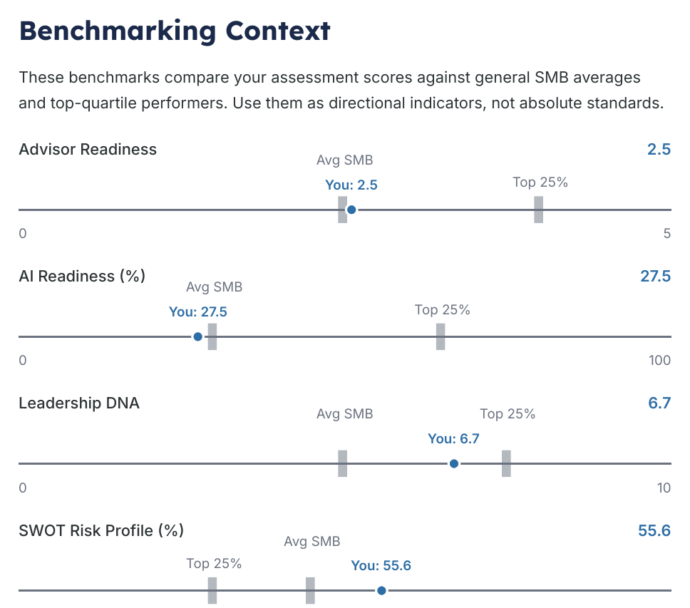 Benchmarking Context page from the same briefing, comparing the persona's scores against SMB averages with the caution that benchmarks are directional indicators, not absolute standards