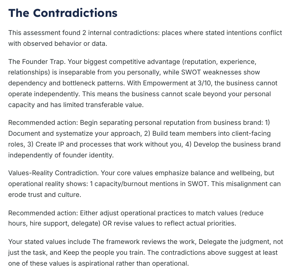 The Contradictions page of the VWCG Strategic Business Assessment for the fictional law firm, naming the Founder Trap and a values-reality contradiction, with Empowerment scored 3 out of 10